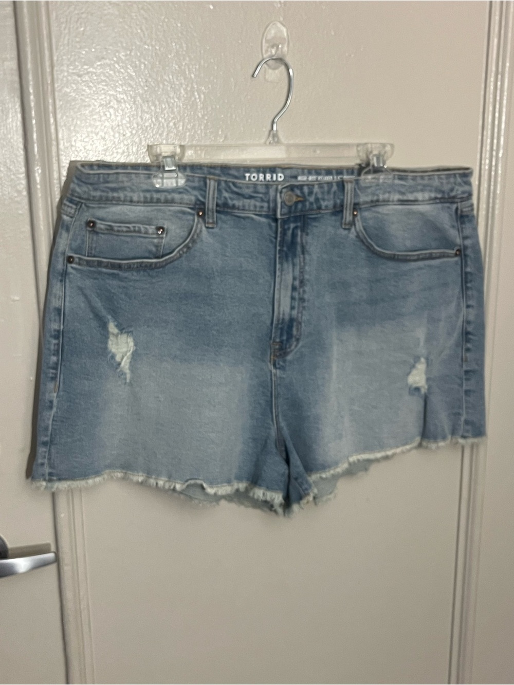 Torrid Distressed Light Blue High-Rise Denim Shorts